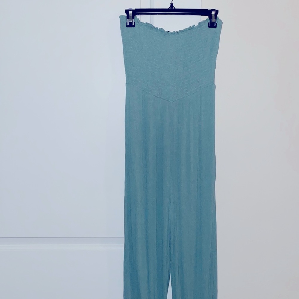NWOT light blue green strapless wide leg jumpsuit